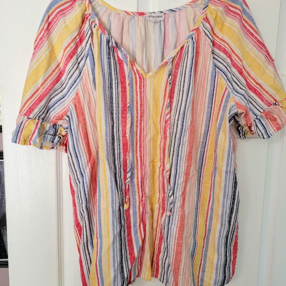 Chloe + Rene linen blend striped top Size XL‎
